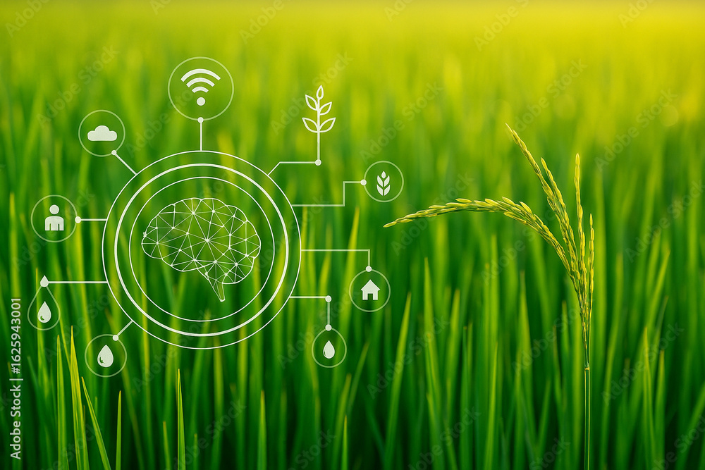 Poster ai generated smart farming concept with digital brain overlay in green rice field showing data analy