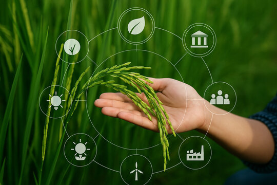 AI generated a hand gently holding green rice surrounded by digital icons representing smart agriculture precision farming and sustainable technology in a peaceful vibrant rice field