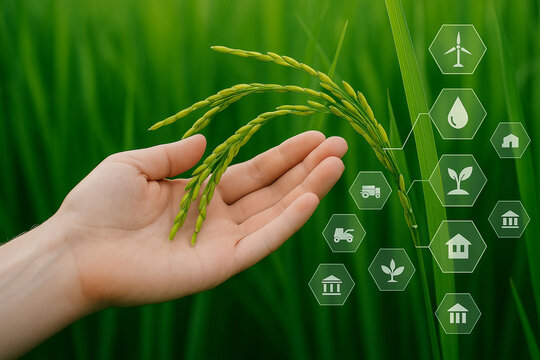 AI generated human hand gently holding young rice panicle with transparent hexagonal interface showing agricultural technology icons in a lush green field under soft daylight