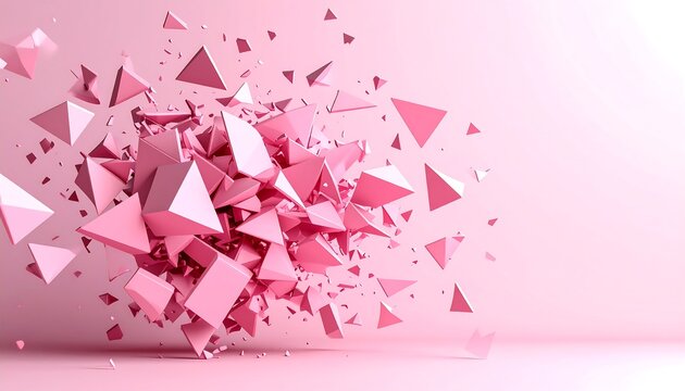 Pink Geometric Explosion: Abstract Composition of Floating, Shattered Triangular Shapes - Powered by Adobe