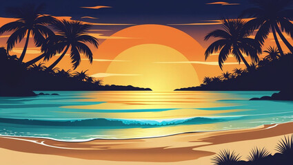 Obraz premium Tropical beach sunset palm trees ocean view