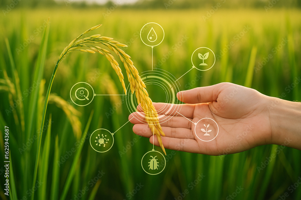 Poster ai generated hand touching ripe rice with digital interface overlay in green field concept smart agr