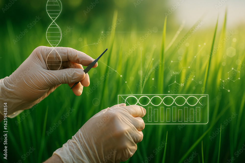 Poster ai generated gloved hands using tweezers to edit dna strand in rice field with digital biotechnology