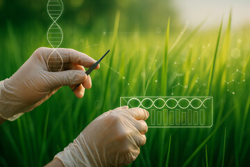AI generated gloved hands using tweezers to edit DNA strand in rice field with digital biotechnology interface representing genetic innovation sustainability and modern agricultural research