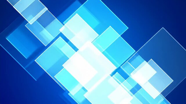 Translucent squares overlap on a gradiated blue background creating a glassy abstract art