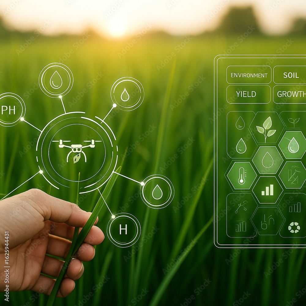 Poster ai generated hand touching rice in green field with transparent smart farming interface showing digi