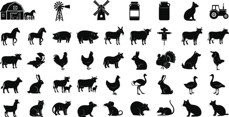 Farm Animal and Object Silhouette Set, Barn, Tractor, Windmill, Livestock Variety, Black Icons, Vector Clipart, Rural Design ElementsFarm Animal and Object Silhouette Set, Barn, Tractor, Windmill, Liv © Mason Murp Creations