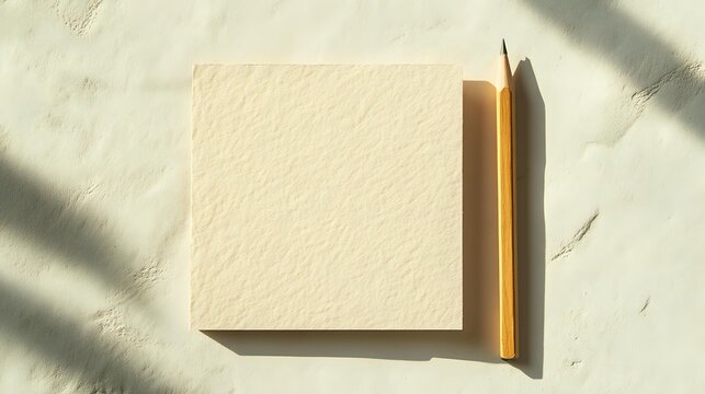 Rough handmade note card and wooden pencil placed neatly on soft cream background with shadows