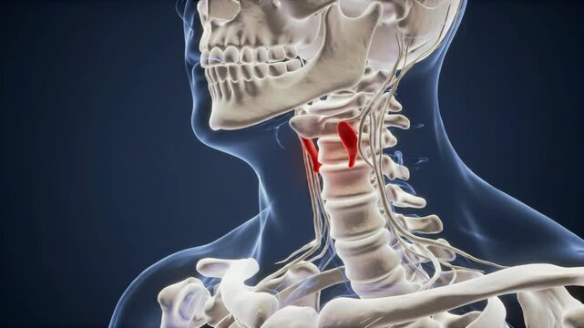 Human skeletal system anatomy, thyroid cartilage highlighted in red.