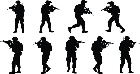 Military Soldier Silhouette Set, Combat Poses, Rifle Positions, Tactical Stances, Black Icons, Vector Clipart, Army Design Elements