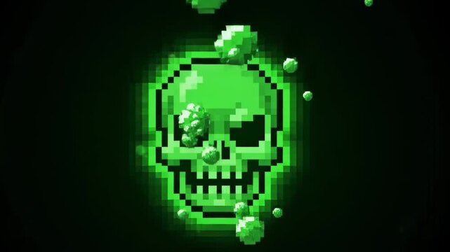 Glowing Green Pixel Skull with Bubbles &ndash; Toxic Retro Game Icon or Animation Asset