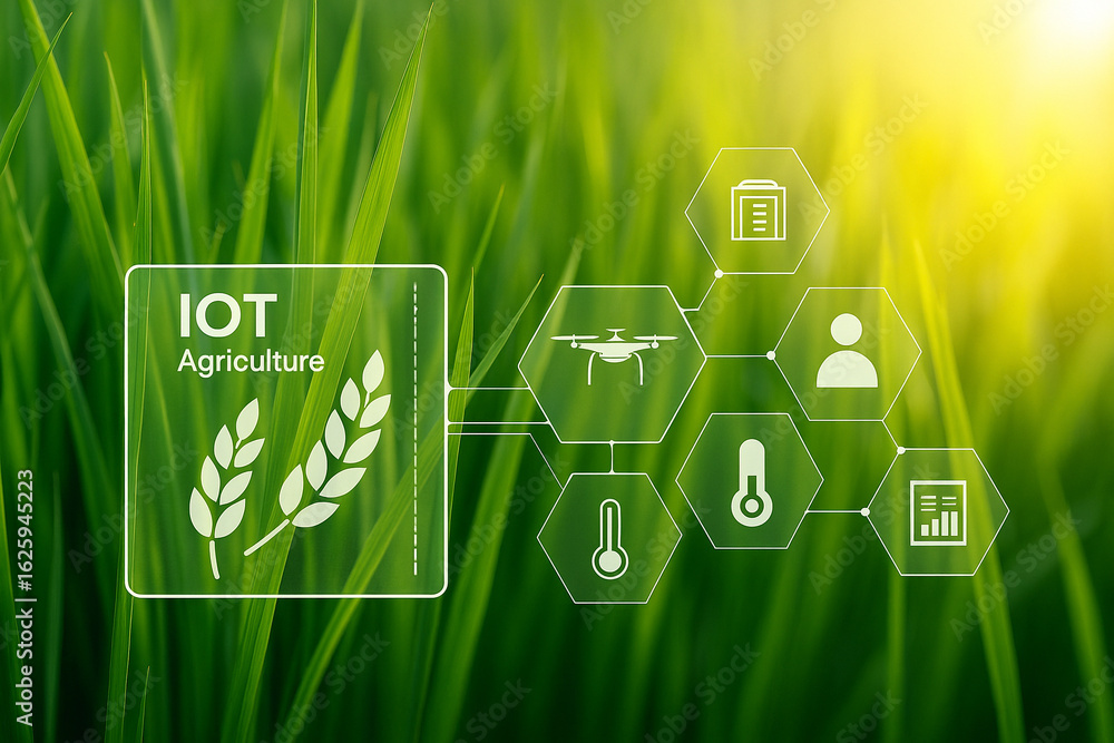 Poster ai generated ultra realistic rice leaf with digital overlay showing smart farming and iot system con