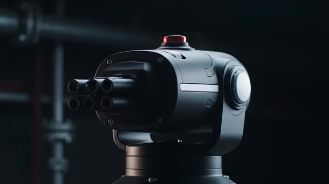 Futuristic Automated Sentry Gun in Industrial Setting &ndash; High-Tech Defense System