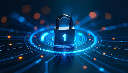 Digital padlock on a circuit board with glowing blue and orange lights