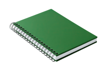 A green spiral-bound notebook