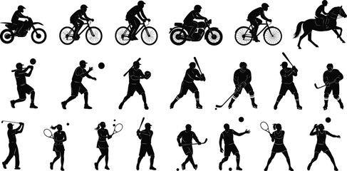 Sports Silhouette Set, Athletes in Action, Cycling, Horse Riding, Baseball, Hockey, Tennis, Cricket, Volleyball, Vector Clipart, Black Icons