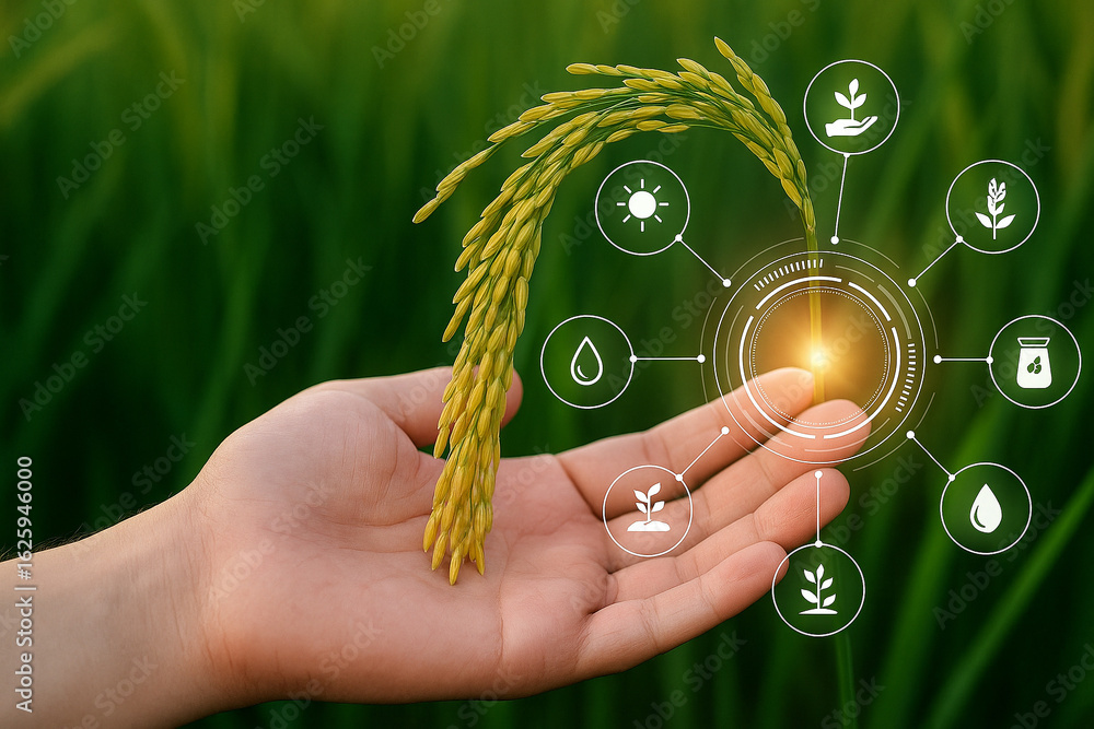 Poster ai generated hand gently holding ripe rice with digital hud overlay showing precision farming data i