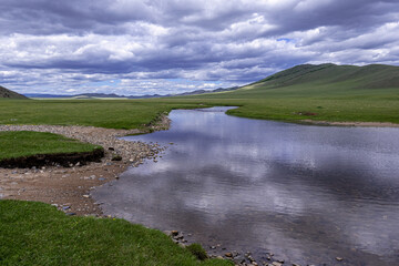 Serene River Flowing through a Mongolian Valley