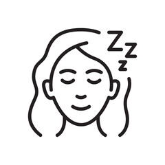 Healthy sleep line icon. Woman face. Healthy lifestyle, wellness symbol concept. Vector illustration. Flat design. Editable stroke. Isolated on a white background.