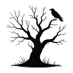 Spooky Tree with Crow Silhouette, Vector, Illustration, Outline, Line Art, Icon, White Background.