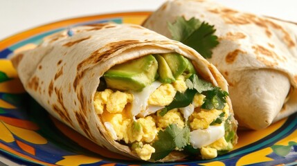 A warm breakfast burrito filled with eggs and avocado, action shot, on a colorful plate