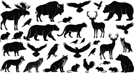 Wild Animal and Bird Silhouette Set, Moose, Bear, Deer, Birds in Flight, Black Icons, Vector Clipart, Nature Design Elements