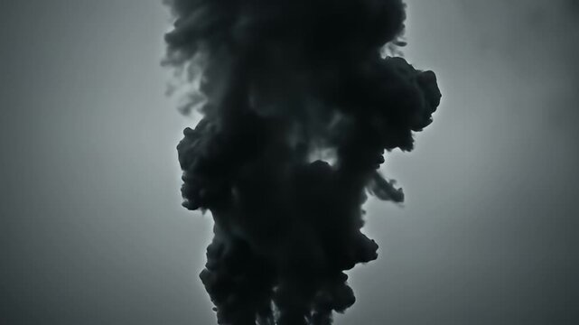 Dense plumes of dark smoke coalesce and swirl against a muted, grey backdrop
