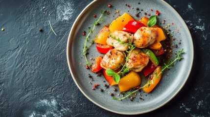 Sweet and sour chicken served with red, yellow, and green bell peppers on a white plate – traditional asian cuisine with colorful vegetables and tangy sauce




