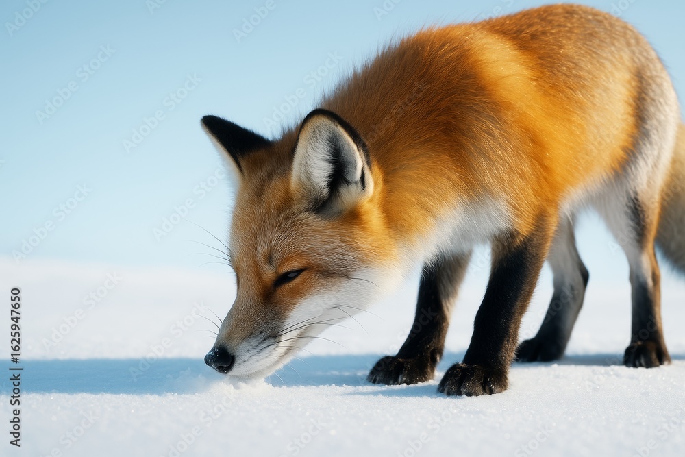 Poster close-up of a curious red fox sniffing snow on a bright winter day with soft light and clear blue sk