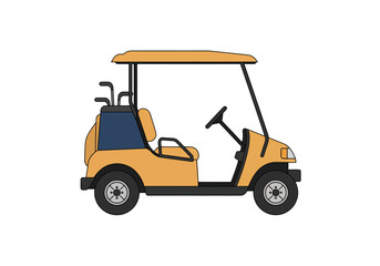Fototapeta premium A side view illustration of a yellow golf cart with golf clubs and a steering wheel.