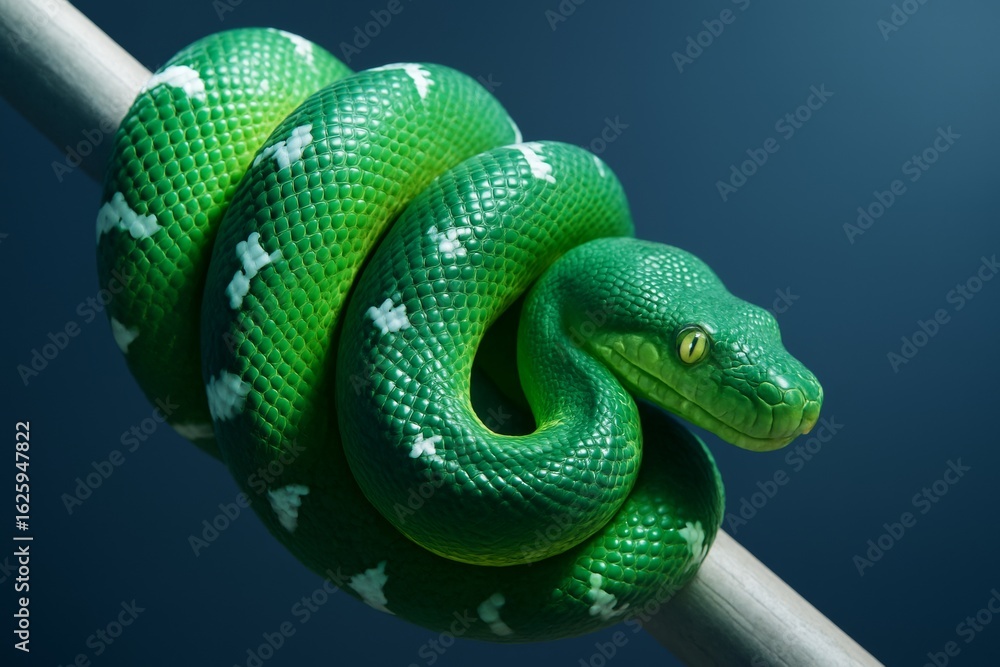 Aufkleber close-up of vibrant green tree python coiled on branch with detailed scales and intense lighting on 