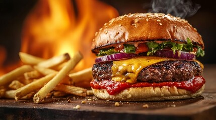 Juicy grilled beef burger with crispy french fries and flaming fire in background on rustic wooden table – fast food concept with heat and flavor




