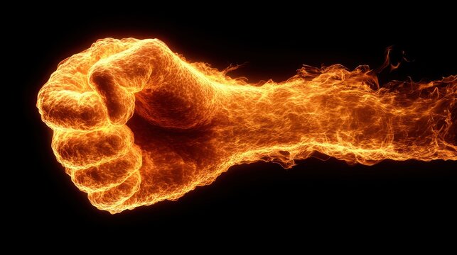A fiery fist punches forward enveloped in intense orange flames against a stark black background conveying power and determination effectively.