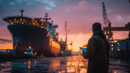 A person gazing at a ship at dock