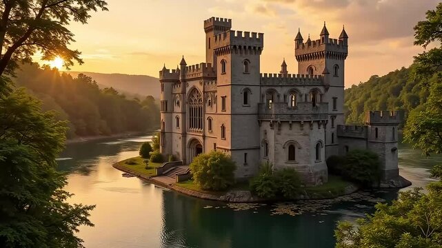 Majestic castle on tranquil lake at golden hour, evoking timeless elegance and serene beauty.