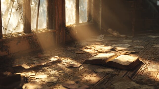 sunlight streaming through dusty windows of an abandoned room, broken wooden floor covered in scattered pages, an old open book resting on debris, warm golden rays illuminating decay