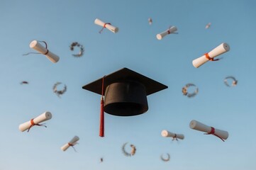Graduation cap tossed in the air with diplomas and blue sky  