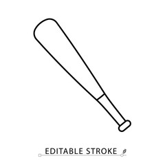 A baseball bat icon in minimalist style with editable stroke. Sport equipment, wooden bat, hitting tool, outdoor game, athletic object, match element, training gear, classic shape, outline graphic.