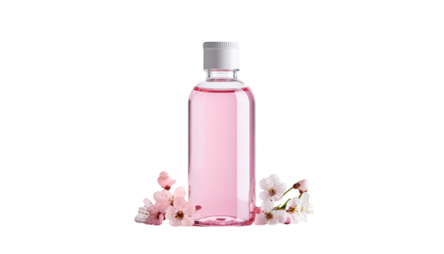 Pink plastic bottle with flip cap for liquid storage, isolated on white background