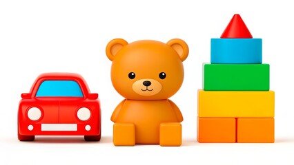 Bright and colorful toys featuring a red car, orange bear, and stackable shapes on a white background for children's playtime