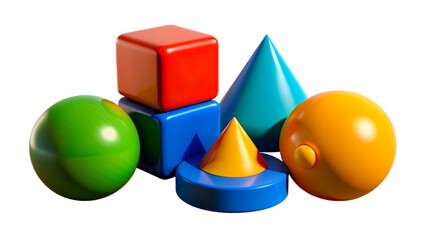 Colorful geometric shapes arranged on a white background with a playful and vibrant appearance for children's educational tools