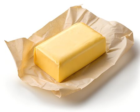 Illustration of block of butter wrapped in paper isolated on white background
