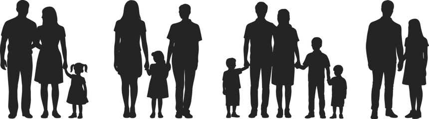 Silhouette of family standing together, parents with children, happy family concept, black vector illustration, unity, togetherness, relationship, bonding, support