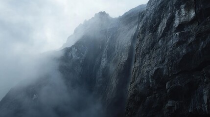 Dramatic Mountain Cliffside with Mist and Shadow
