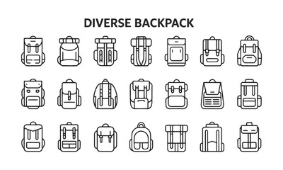  Scalable vector illustration featuring outdoor, travel, fashion, modular, slim, convertible, roll-top, and structured backpacks, easily editable.