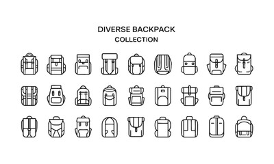  Scalable vector illustration featuring outdoor, travel, fashion, modular, slim, convertible, roll-top, and structured backpacks, easily editable.