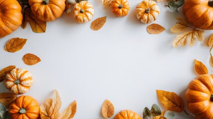 top down view of orange pumpkins and autumn leaves arranged around the edges on a clean white background, flat lay composition, minimal fall background