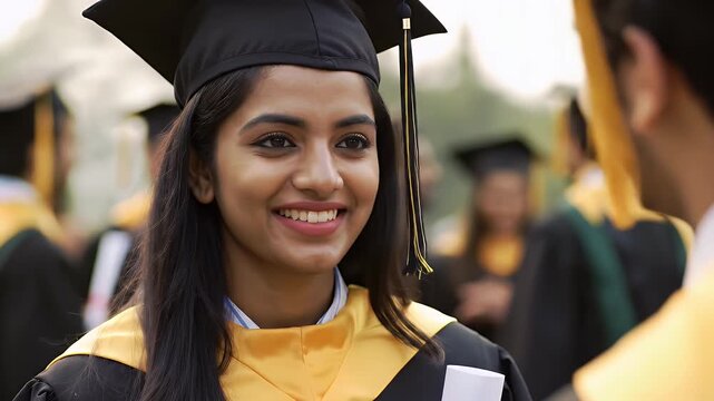 Cheerful Young Woman Graduate in Black Gown and Cap at Outdoor Ceremony