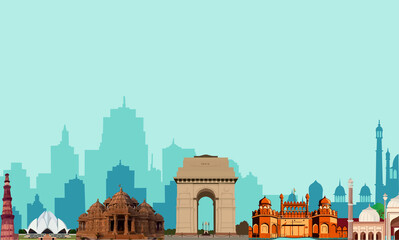 Famous Indian Monuments Skyline Vector - India Gate, Taj Mahal, Red Fort, Qutub Minar, Lotus Temple