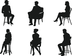 Silhouettes of people sitting on chairs, black vector figures in casual and formal pose, men and women seated illustration, clipart design